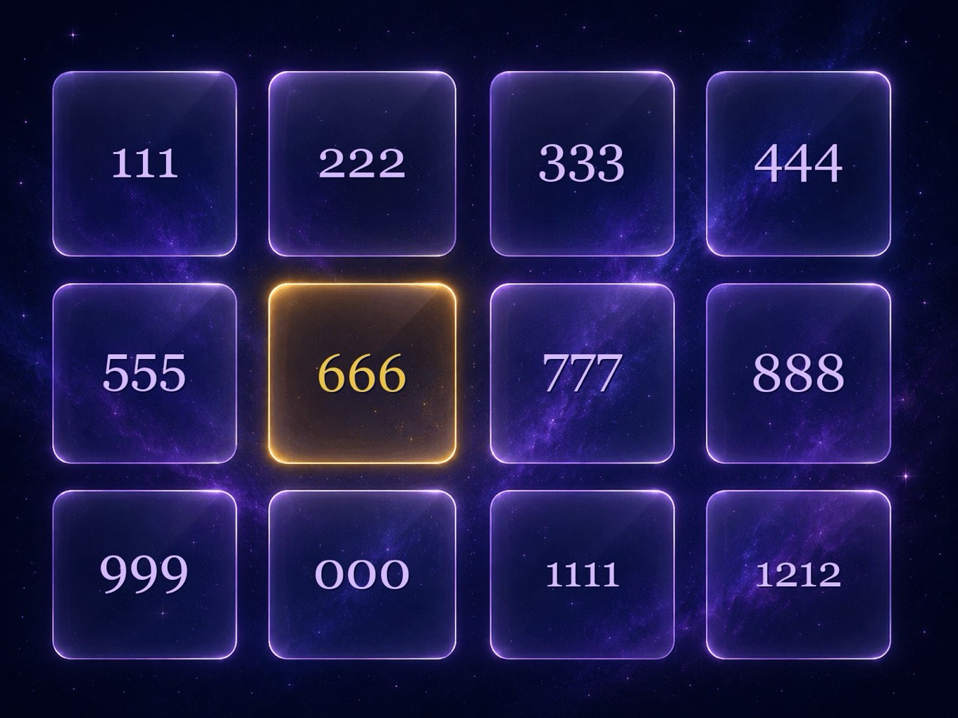 Grid of soft glowing tiles representing the twelve angel number meanings