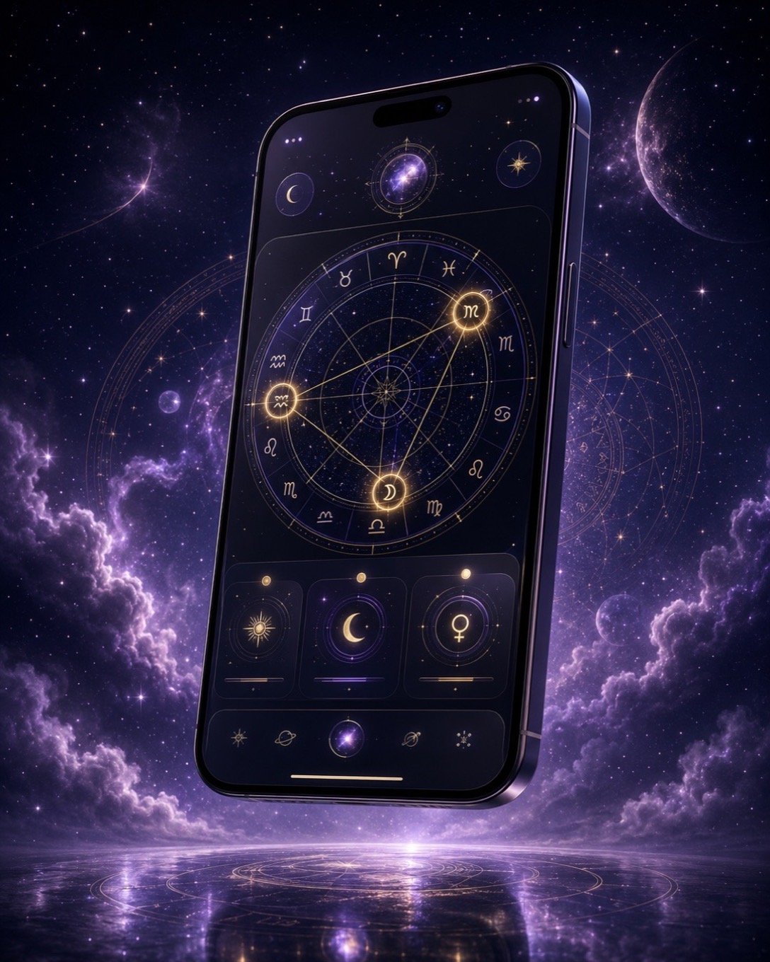 Illustration of a personalized natal chart reading in the Soulra app's cosmic style