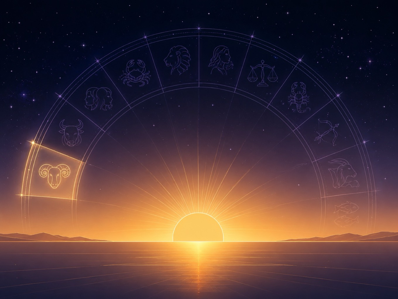 Sunrise over a horizon representing the Rising sign, the zodiac sign ascending at the moment of birth