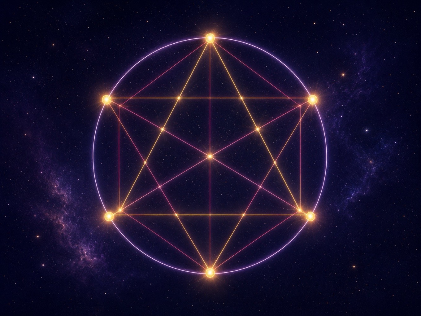 Birth chart wheel showing colored aspect lines connecting planets across the circle