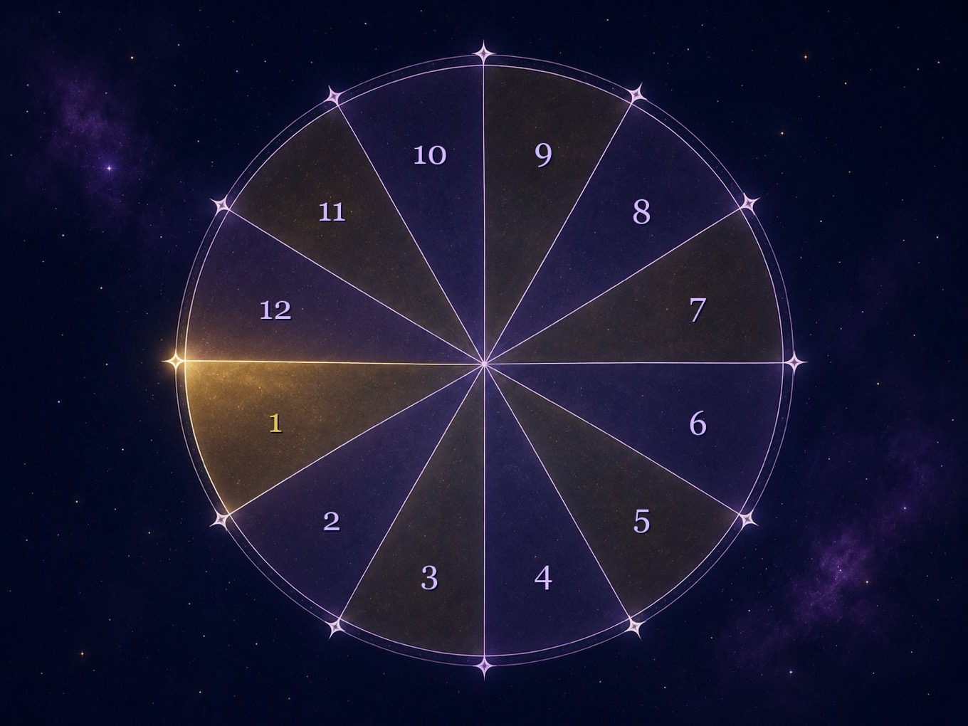 Diagram of a birth chart wheel divided into twelve numbered houses