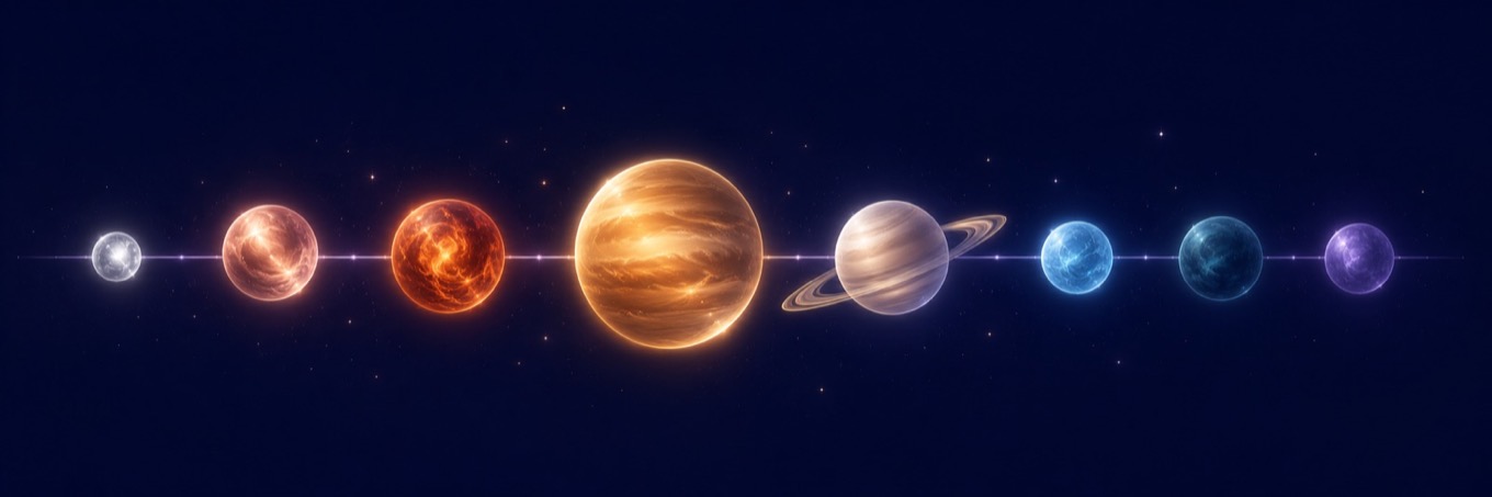 Row of planet symbols representing the Sun, Moon, Mercury, Venus, Mars, Jupiter, Saturn, Uranus, Neptune and Pluto