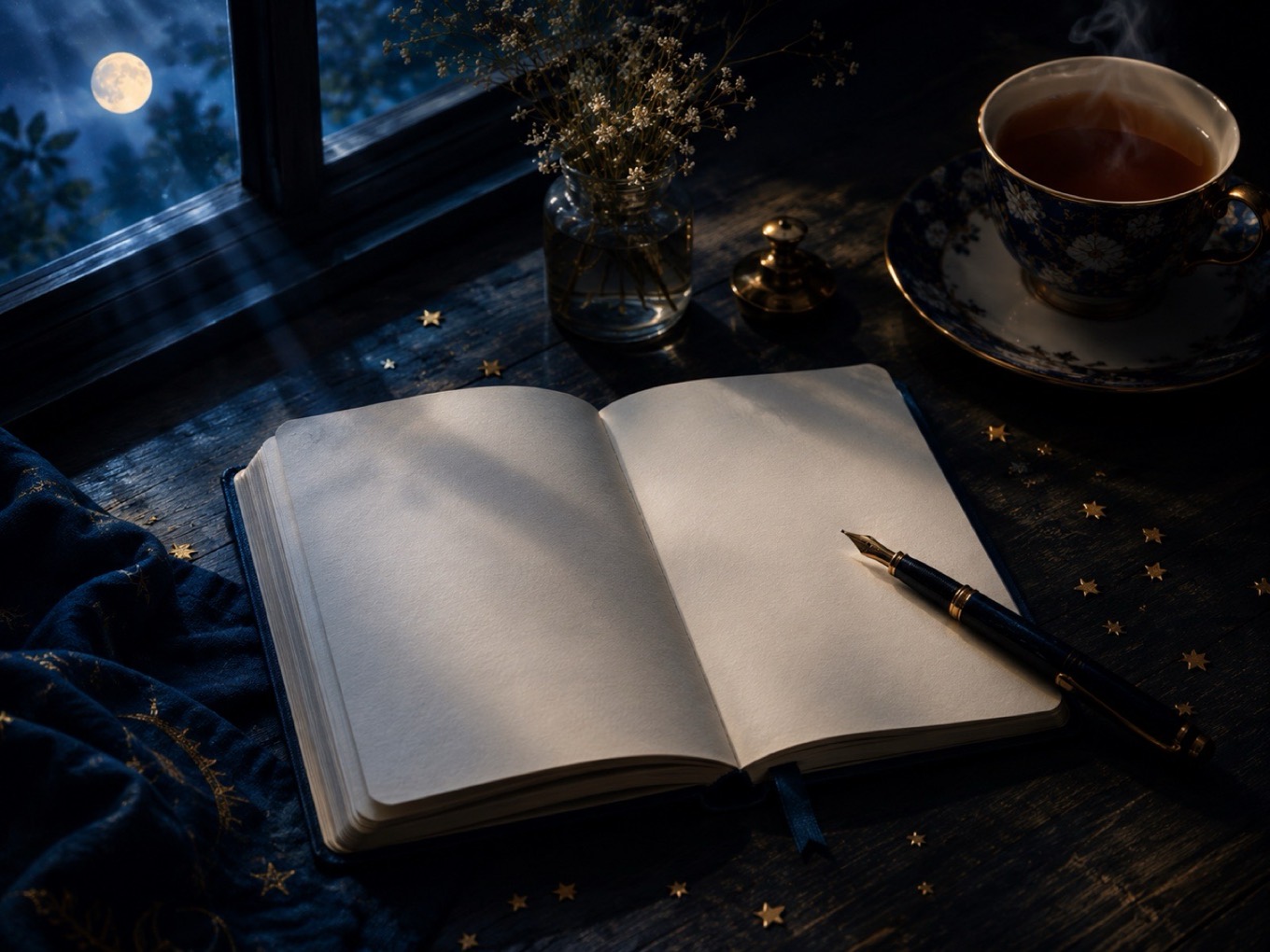 An open journal with a pen and a cup of tea, representing self-reflection during a Saturn return