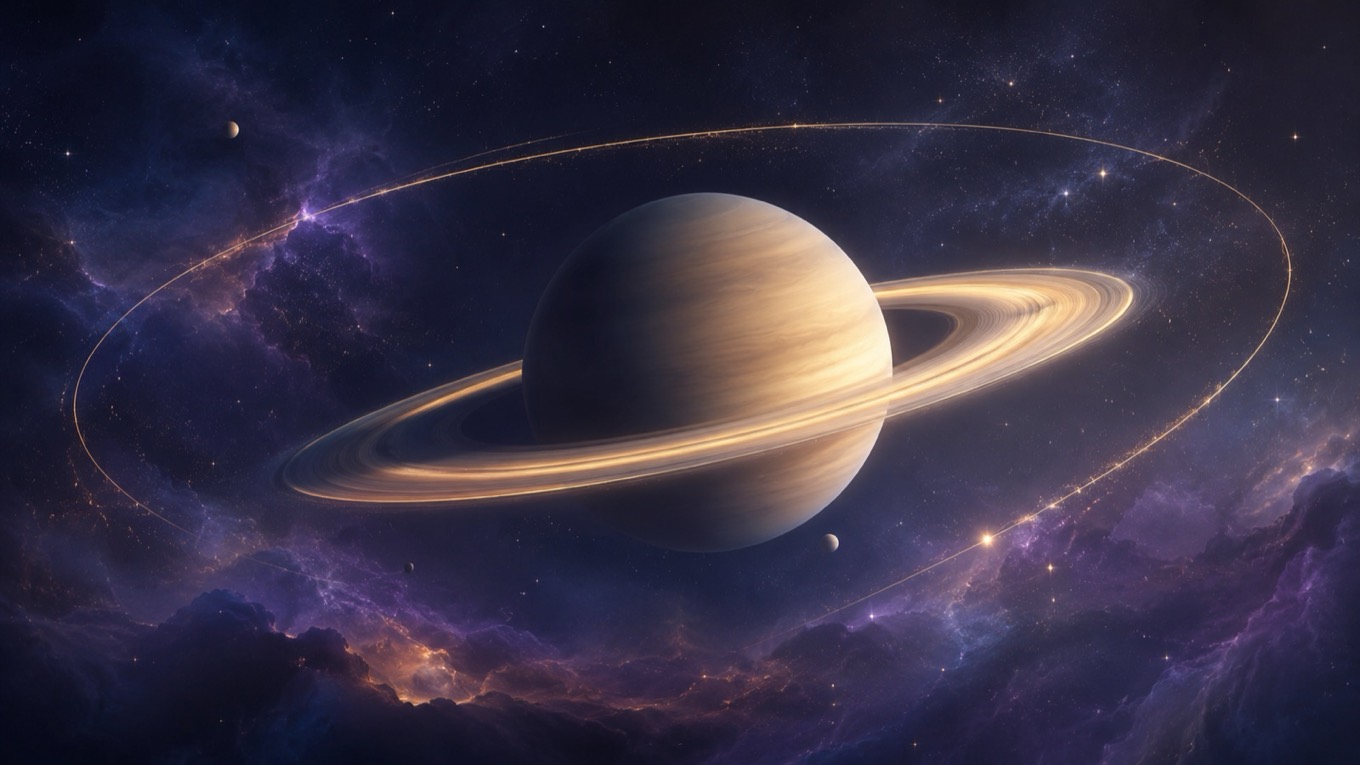 Illustration of the ringed planet Saturn returning to its starting point in a starry sky, symbolizing the Saturn return