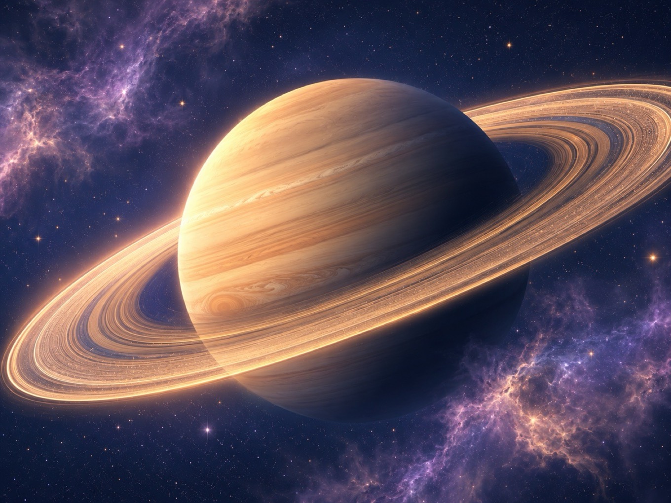 The planet Saturn with its rings glowing against a deep blue starfield, illustrating the sign Saturn travels back to during a Saturn return