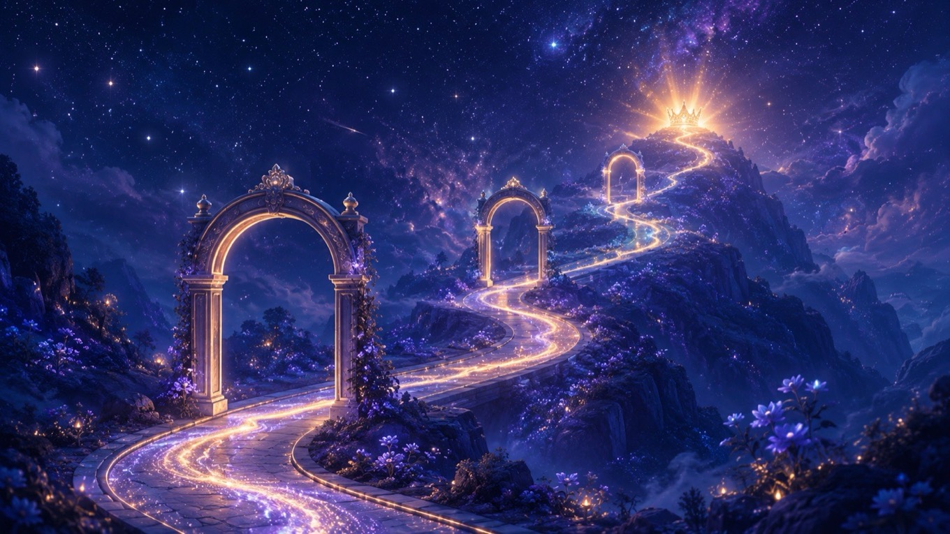 Three glowing archways along a winding cosmic path to a crowned summit, illustrating the three acts of a Saturn return