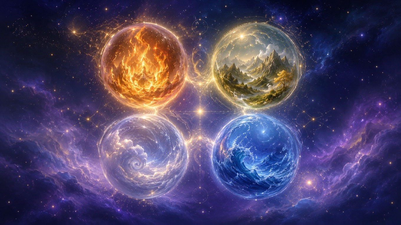 Four glowing spheres of fire, earth, air and water, representing the four zodiac element groups