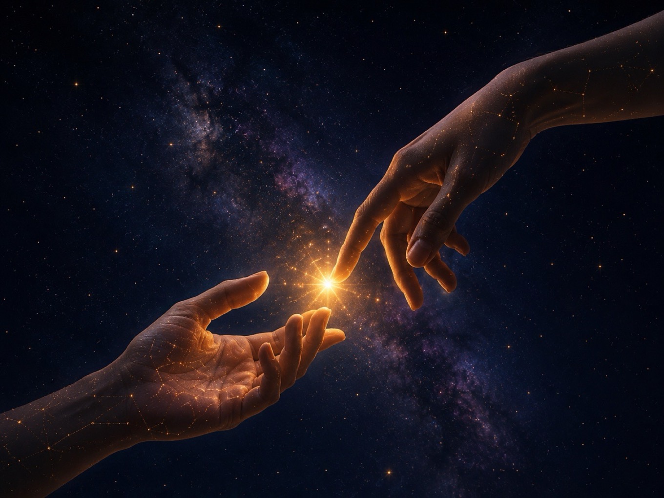 Two hands reaching toward each other with a spark of light between them, symbolizing chemistry between zodiac signs